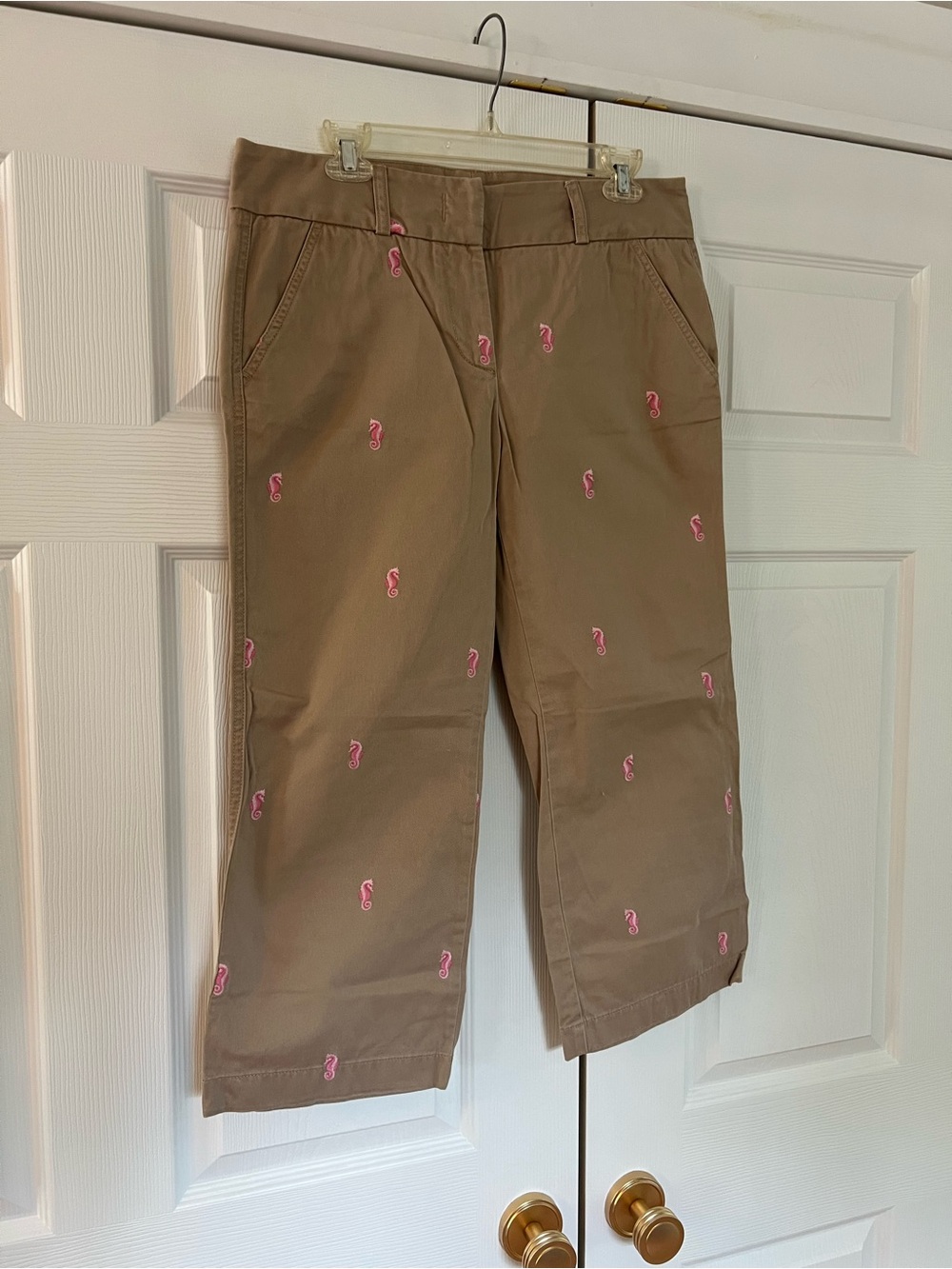 J. Crew Khaki Capris with Pink Seahorse Embroidery